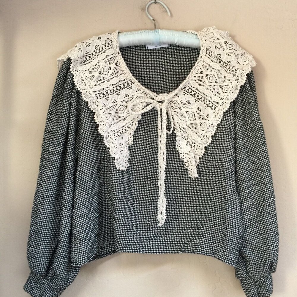 Want Womens Crochet Collar Black/White Houndstooth Dolman Sleeve Blouse Boho